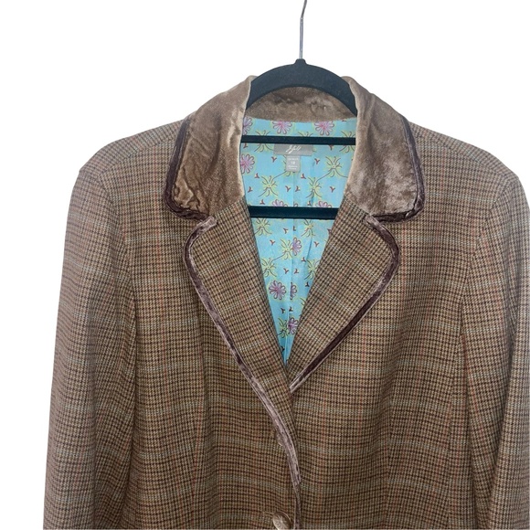 J. Jill Brown/Tweed Wool Plaid Velvet Trim Blazer Jacket Pearl buttons Sz 12 - Picture 3 of 13
